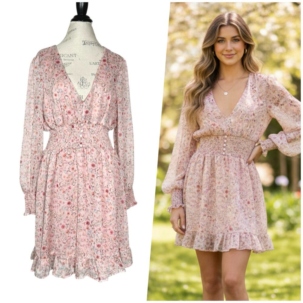 Arula | Women | Pink Floral Paisley Chiffon Coquette Ruffle Mini Dress | Sz A-1X